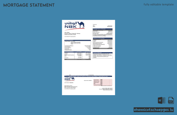 Beispielansicht eines Hypothekenauszugs der Kuwait National Bank of Kuwait (Word- und PDF-Format)